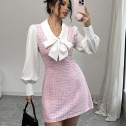 Elenzga Contrast Color Fabric Patchwork Bow Decor 2 In 1 Elegant Romantic Women Dress