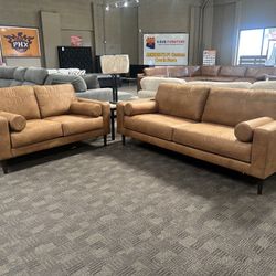 Camel faux leather modern sofa set 