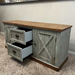 Solid Wood Sage Green TV Credenza 2 Storage Drawers And Cabinet Doors From At Home 