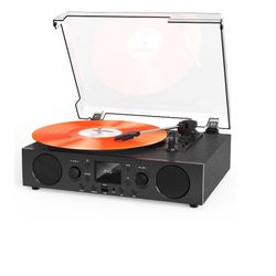 Record Player with Built-in Speakers, Belt-Driven Turntable Support 3-Speed, FM Radio and Bluetooth Receiving, RCA Line Out & AUX in, USB Rec