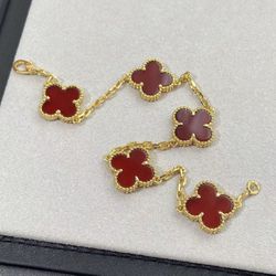 Women Red Malachite Clover Necklace Set 925