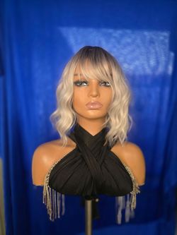 Ash white blonde dark roots new bob with bangs new synthetic hair wig 12"