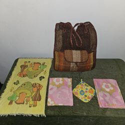 Vintage 1970s Bag With Mushroom Towel Plus Other Items