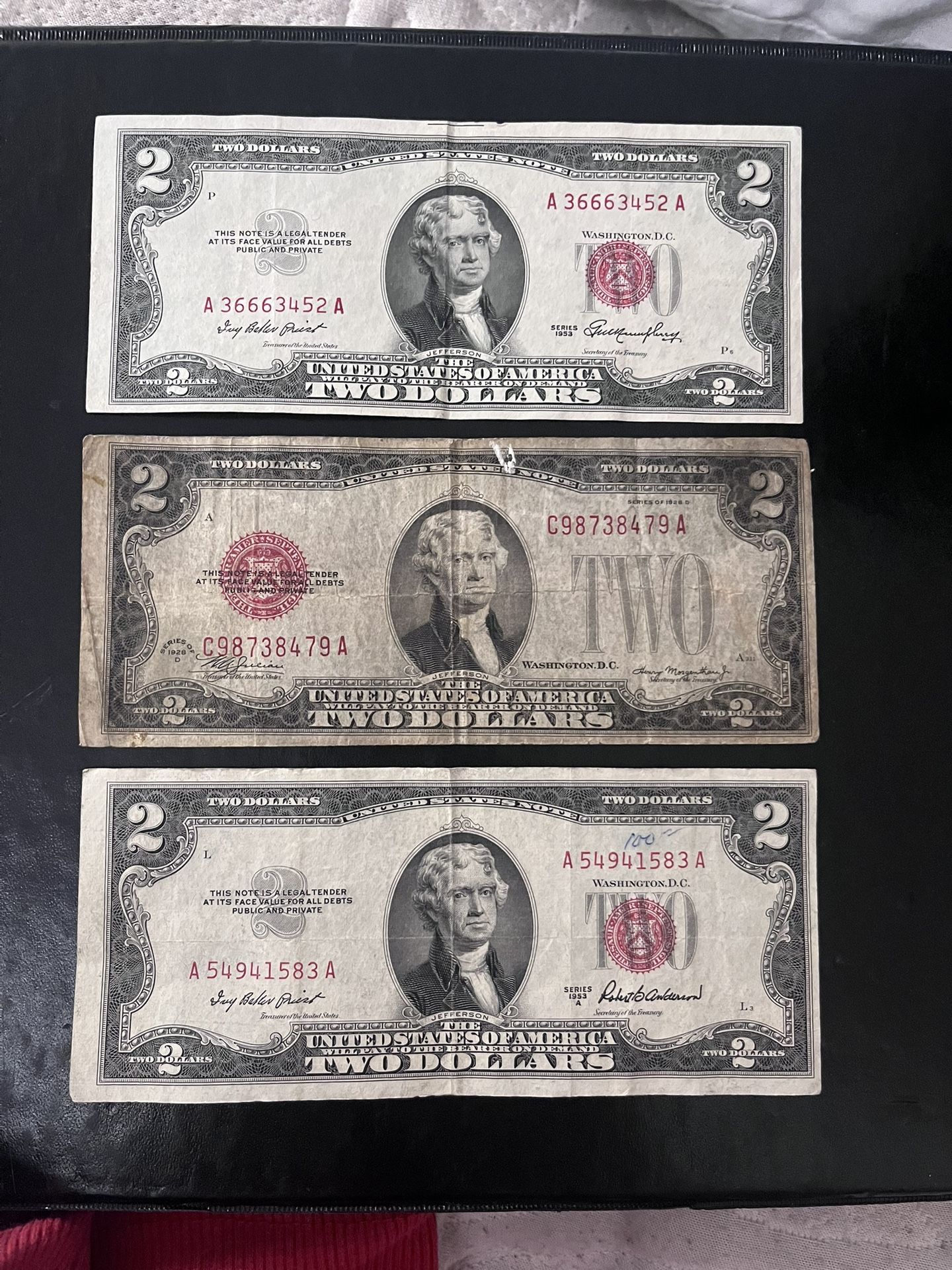 Red 2$ Bills 1953 Series A And 1928 D Series.
