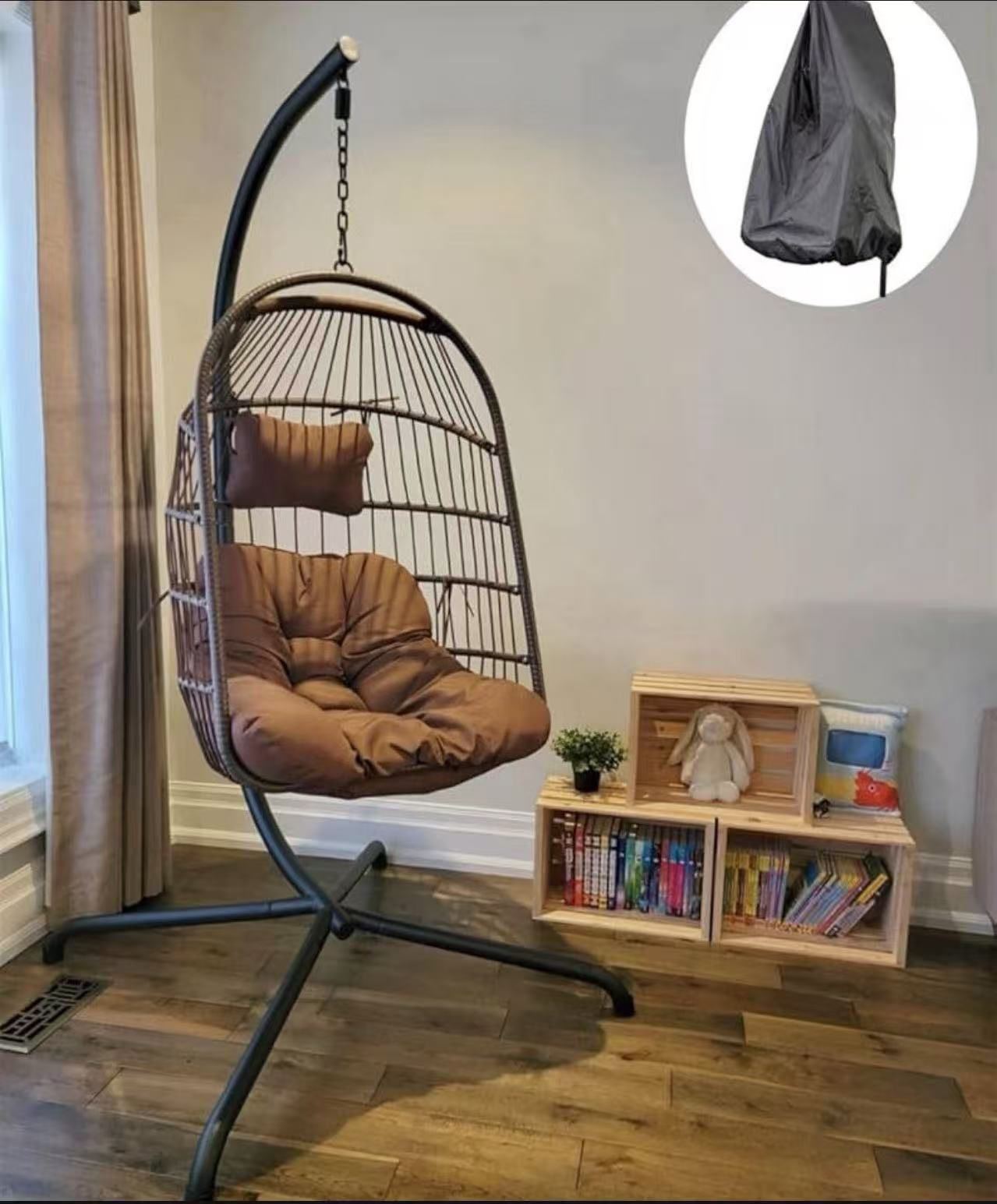 Modern Wicker Indoor & Outdoor Patio Swing Hanging Egg Chair with Khaki Cushion, Garden Rattan Hammock Chair with Stand