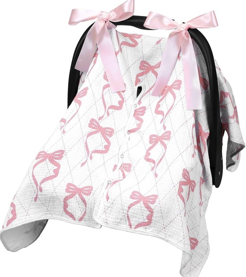 Pink Bow Muslin Baby Car Seat Cover/Nursing Cover