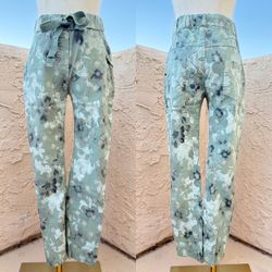 Look Mode green floral gold polka dot stretch crinkle pants small medium