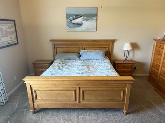 King bed frame, mattress, and night table King bed frame, mattress, and night table