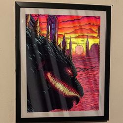 Custom Art Piece Of Godzilla On Black Frame