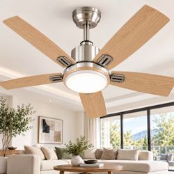 52ā Modern Ceiling Fan with LED Light ā 5 Wood-Look Blades, Brushed Nickel Finish