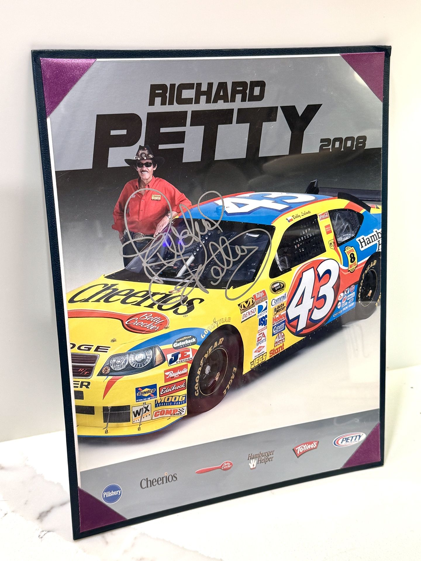 Richard Petty Signed 2008 Cheerios #43 NASCAR Promo Photo Plaque Autographed
