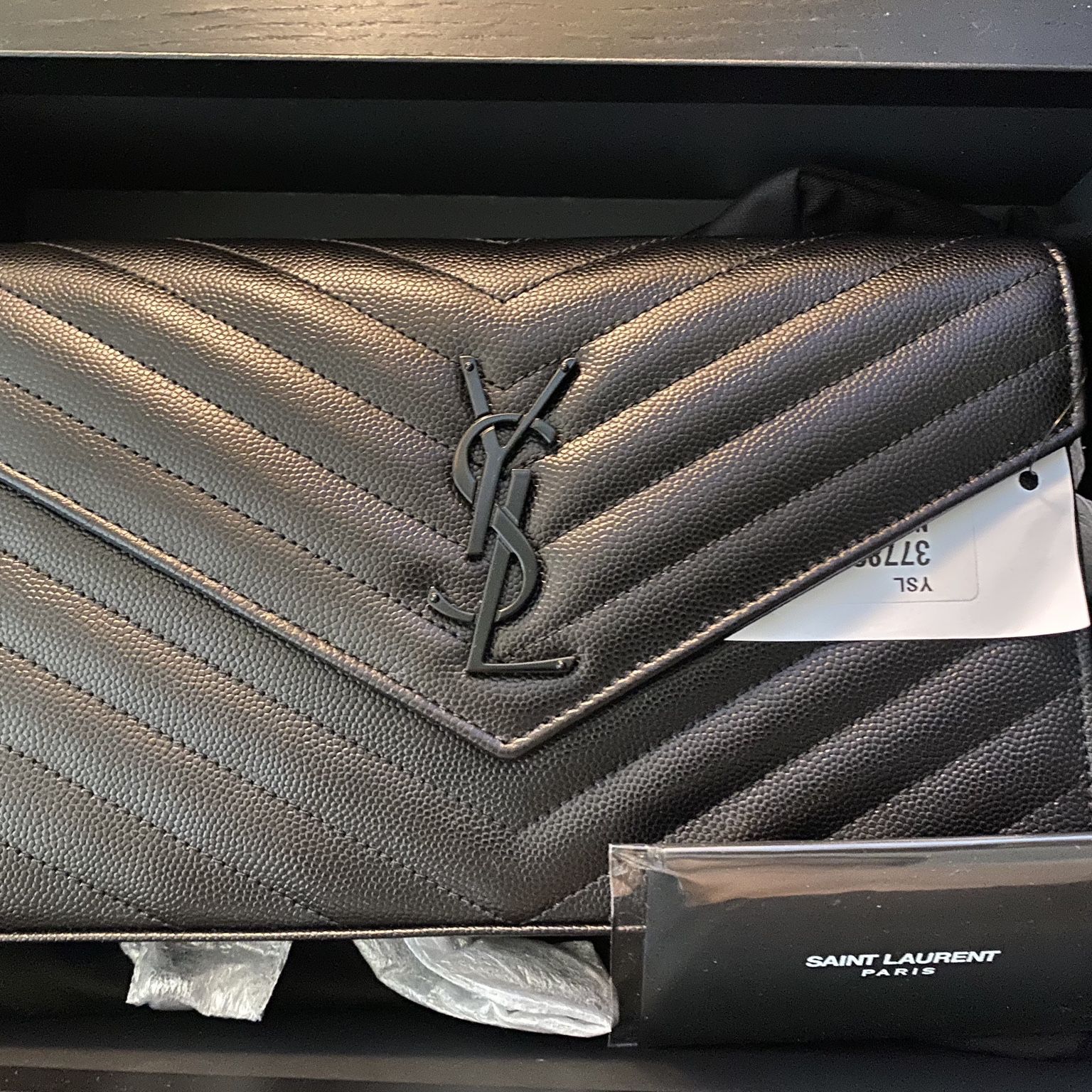 YSL Saint Laurent Wallet On Chain Bag Gray Silver Grain De Poudre Box  Receipt!