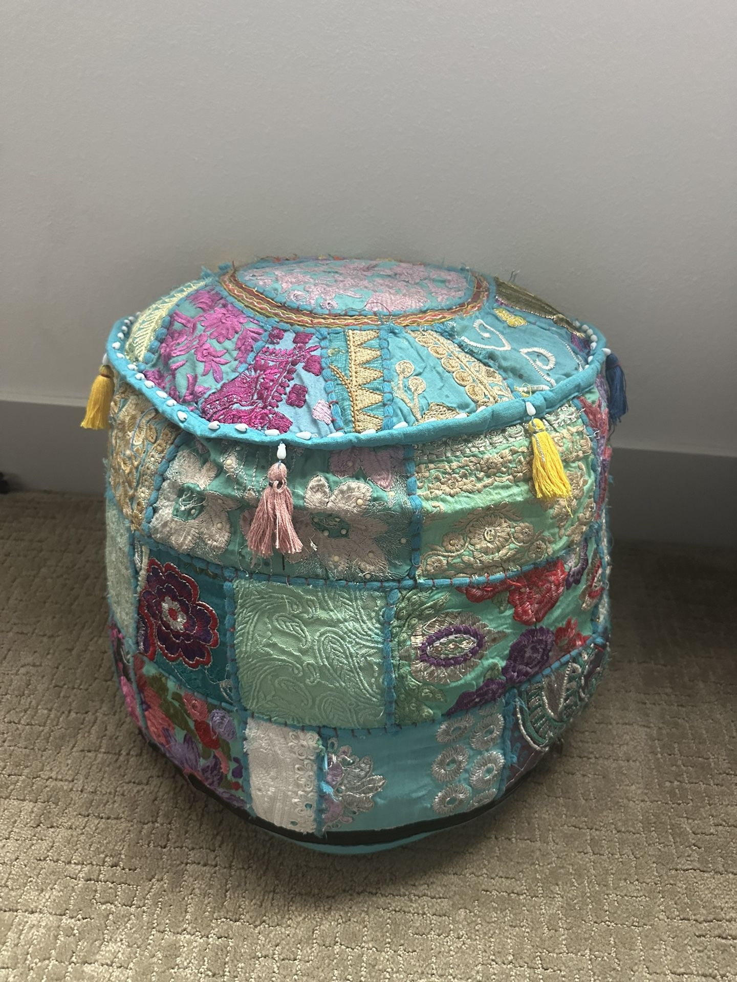 Patchwork Colorful Blue Turquoise Embroidered Ottoman (Cover)