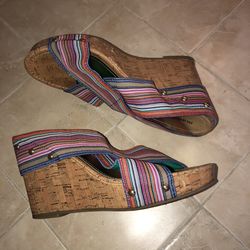Madden Girl size 8 colorful fabric straps cork wedge sandals