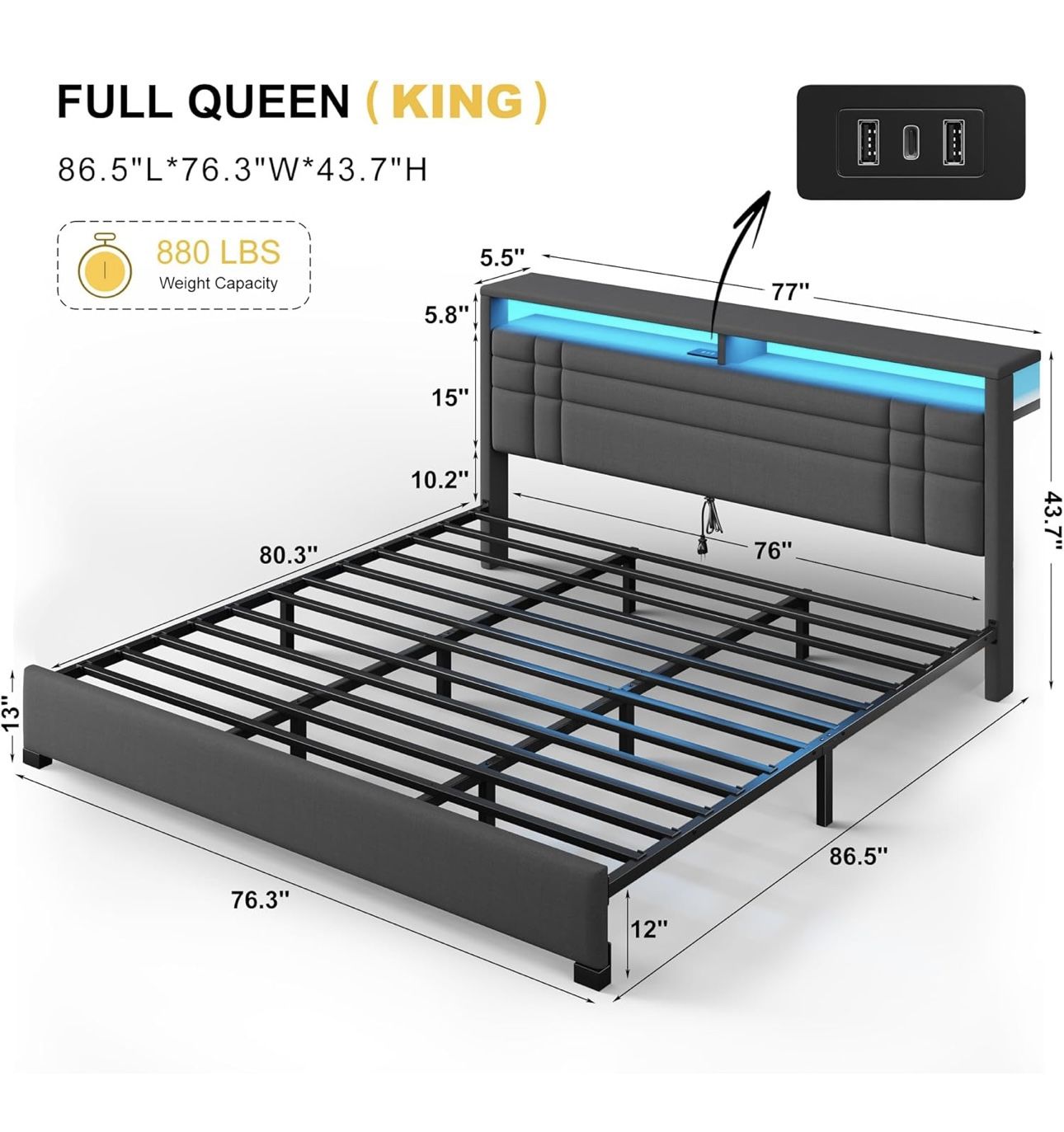King Size Bed Frame With Header And Footer, Mattress, Box Spring, And Two Side Tables