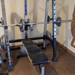 Home gym. Rack with cable pulley, olympic bars, plates.