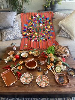 Vintage Mexican Folk Art: Hand Embroidered Tablecloth, Vintage Pottery and Fun Decor