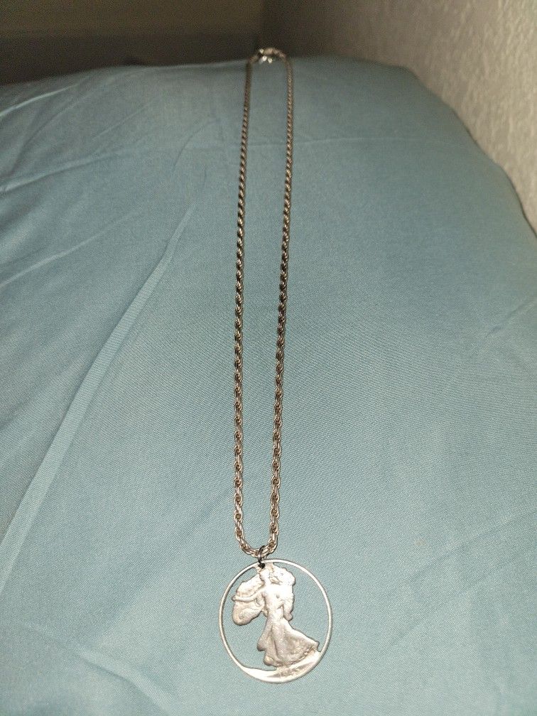 .925 Silver Necklace W/ Half Dollar Cut Out Charm