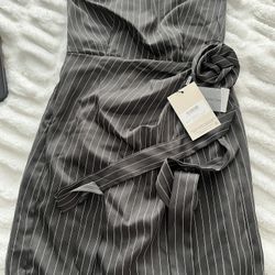 Kaii Strapless Pinstripe Dress with Rosette Accent - Black & White