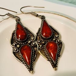 Silver And Real Coral Earrings 