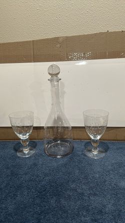 Vintage   Crystal Decanter Set with Two Etched Glasses.