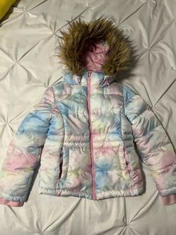 Girls Pastel Tie-Dye Puffer Jacket with Fur Hood