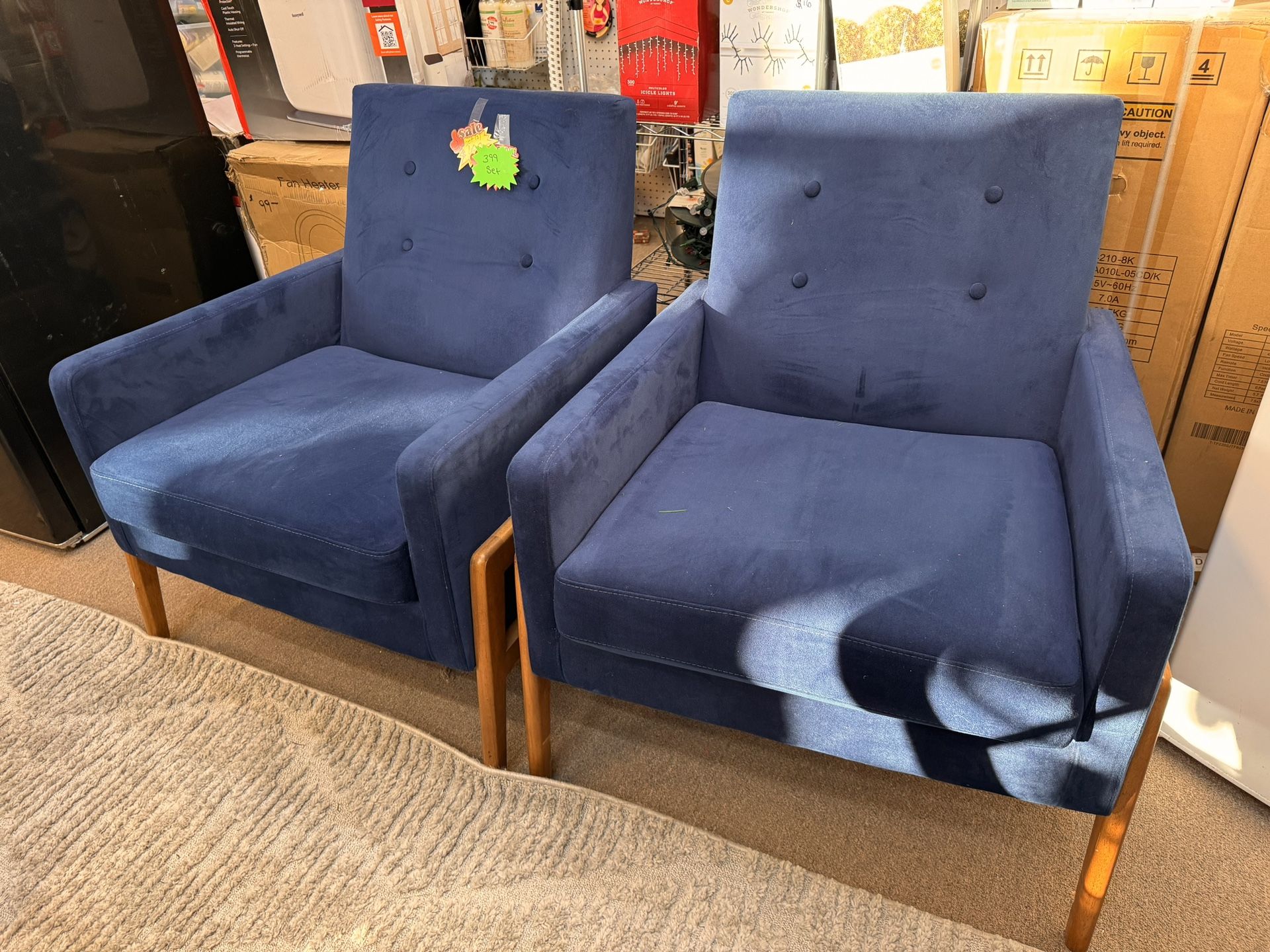 Set Of 2 Blue Velvet Accent Chairs $399