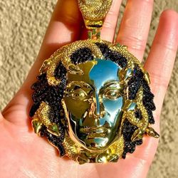 ✅14K Yellow Gold Plated Iced Medusa Charm Sneak Head Pendant Medallion Fits upto 10mm Chain 