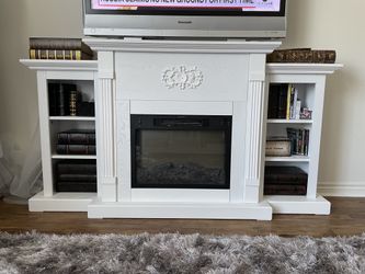Classic 72 in. Electric Fireplace in White with Built-in Bookshelves and a Multi-Color LED Flame Display