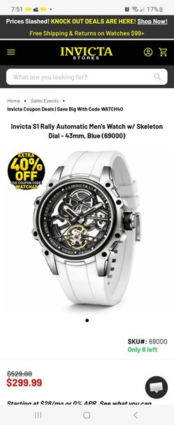 Invicta S1 Rally Automatic Men's Watch w/ Skeleton Dial - 43mm, White (69000)