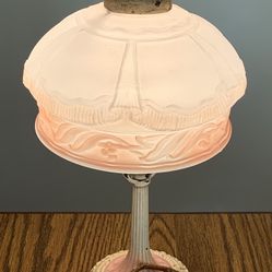 Antique Boudoir-Table Lamp Reverse Painted Shade,Ornate Cast Iron Base #8716
