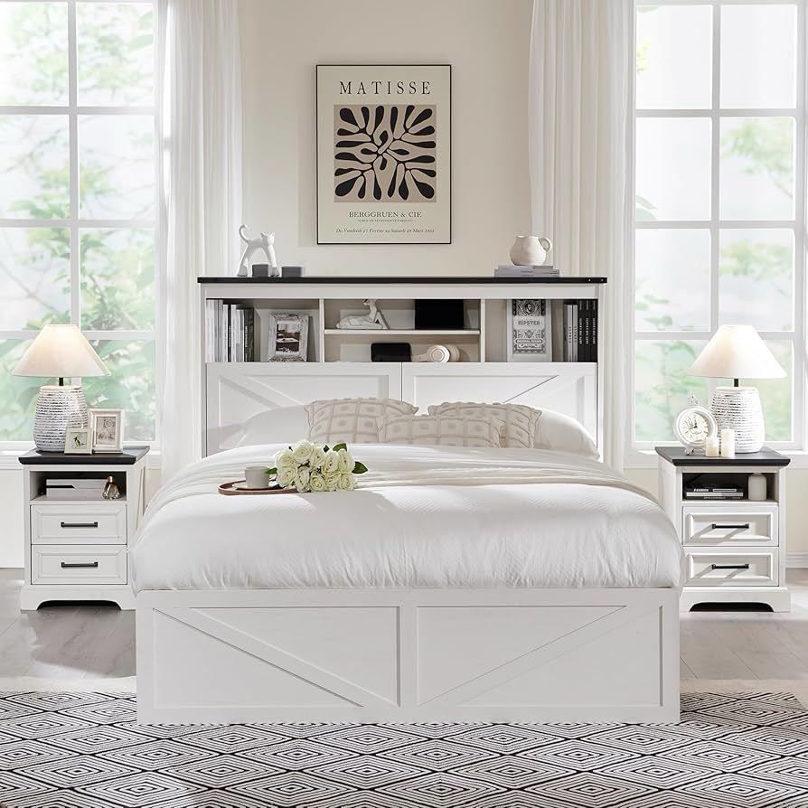 Queen Bed Frame Farmhouse with 52" Storage Bookcase Headboard, 4 Drawers Wooden Bed Frame, LED Light, Charging Station - White