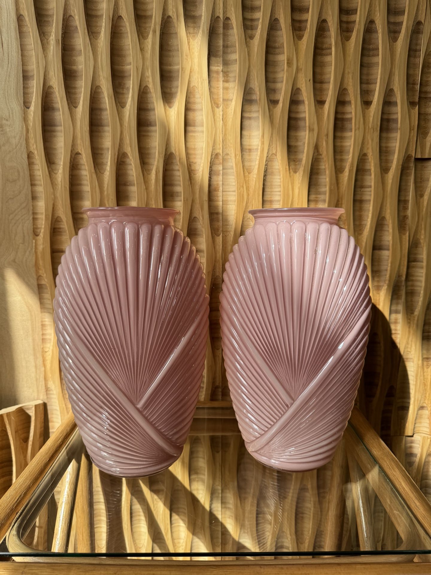 Vintage Anchor Hocking Pink Glass Pair Urn Vase Ribbed Geometric Coquette Set of 2 Waterfall Pleated