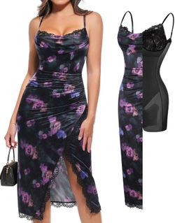 Popilush Satin Corset Dress Tummy Control Midi Dress Cocktail Date Night Classy Dresses with Lace Trim Bra