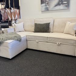 Ivory Corduroy Sleeper Sofa Sectional With Reversible Storage Chaise 