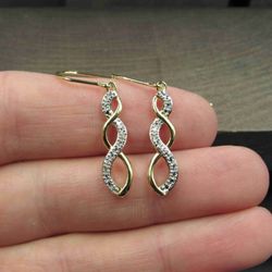 Sterling Silver Woven Gold Plated Diamond Chip Dangle Earrings Vintage