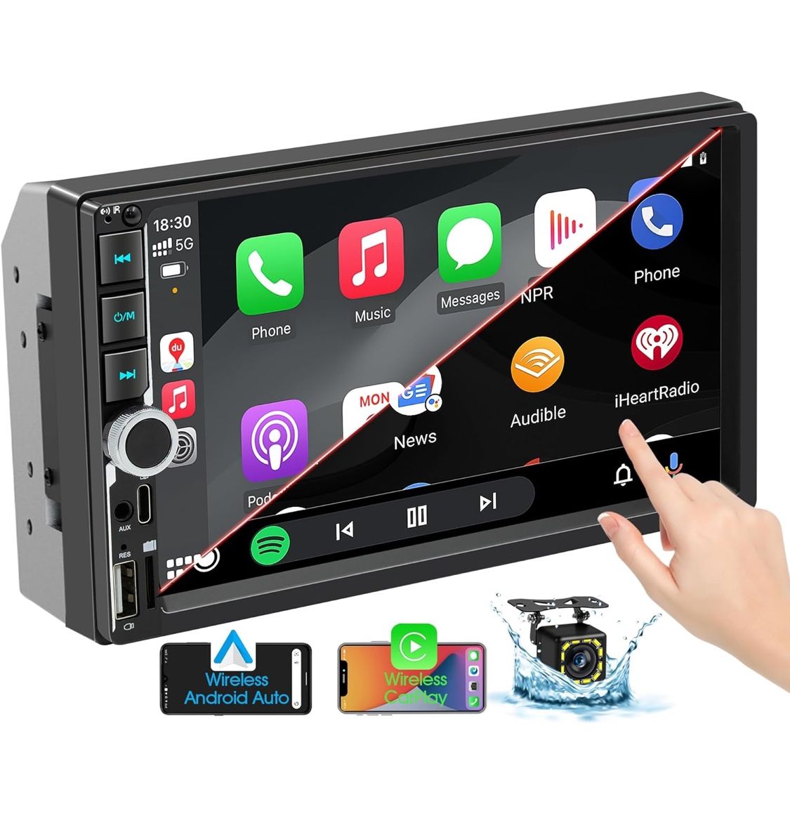 Inalámbrico mejorado] Estéreo de coche de doble DIN de 7 pulgadas Apple Carplay Android Auto, sonido potente de 240 W, radio RDS/FM/AM, interfaz compl