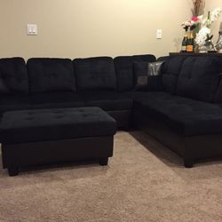 Black Microfiber Sectional Couch And Ottoman