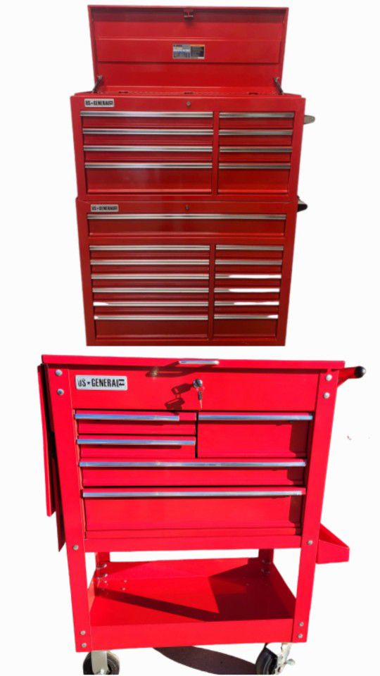 U.S. General  Pro Series - 44" Double Bank Roller Tool Box & Matching Top Chest & 34" 5 Drawer Rolling Cart