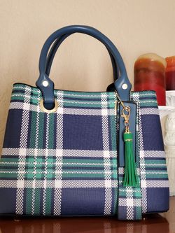 Navy Plaid Satchel Handbag