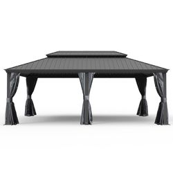 14' X 24' Hardtop Gazebo, Upgraded Metal Gazebo with Drainage System, Dual-Layer Galvanized Steel Roof, Curtain and Netting, Outdoor Shelter Canopy fo