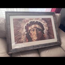 Indian Wall Art Native American Indian Wooden Frame Picture 40 1/2” x 28 1/2”