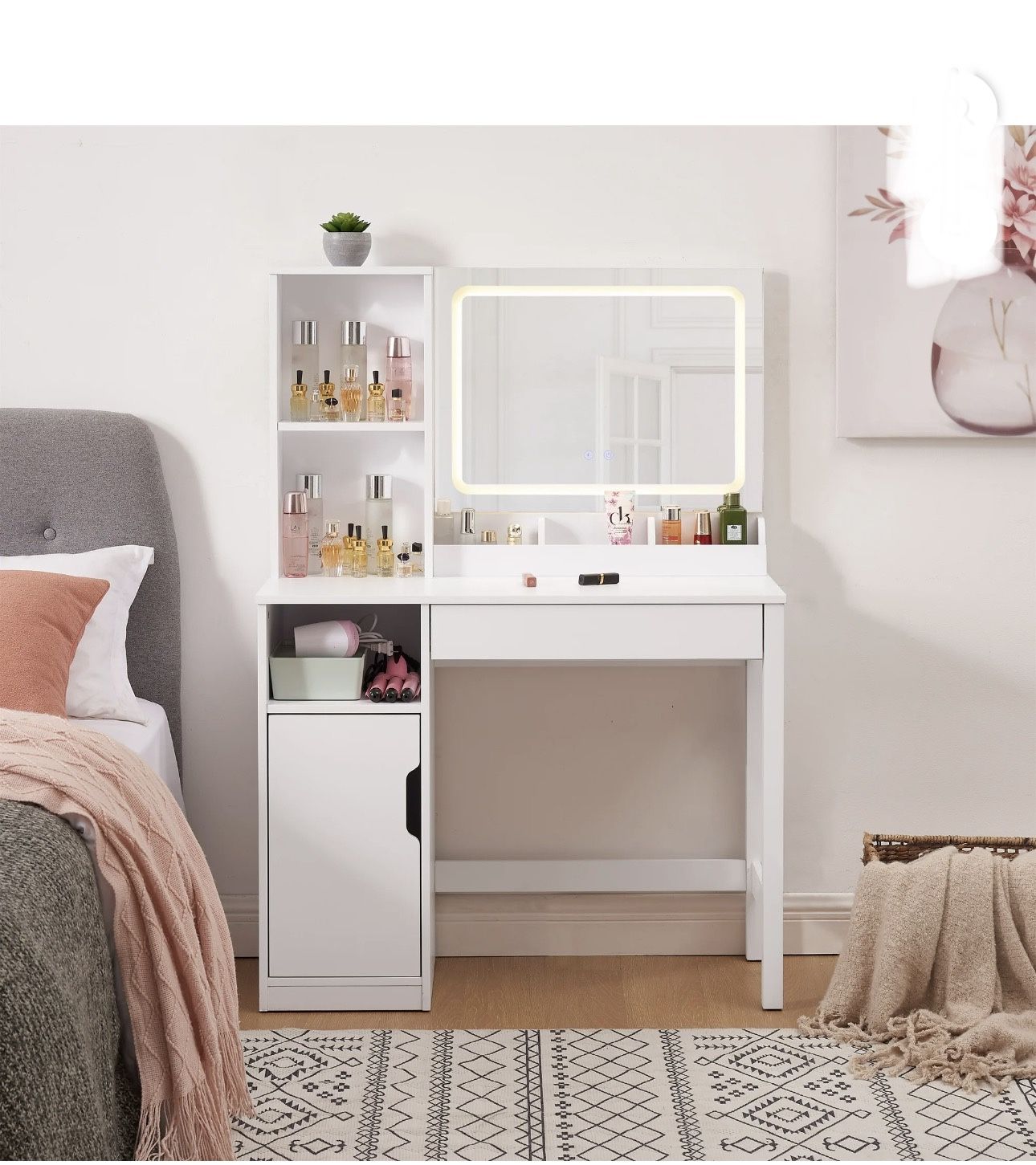 ✨  “Get Ready With Me” Vanity Desk – LED Lighted Smart Mirror, Touch Control, Modern White Makeup Station with Left-Side Storage & New!