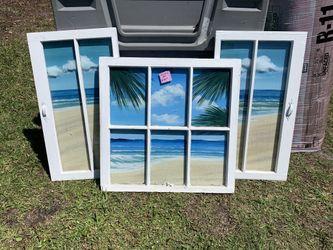Antique  Set Of Windows With Tropical Art Scene 