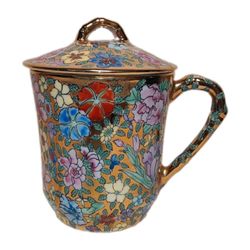 Vintage Canton Famille Rose Thousand Flowers Tea Cup with Lid Gold Porcelain 22k
