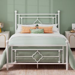 Full / Queen Size Heavy Metal Bed with Vintage Headboard Pattern, White
