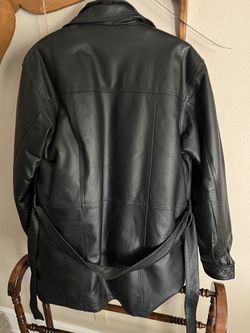 Charles Klein black leather trench coat/duster, size Medium