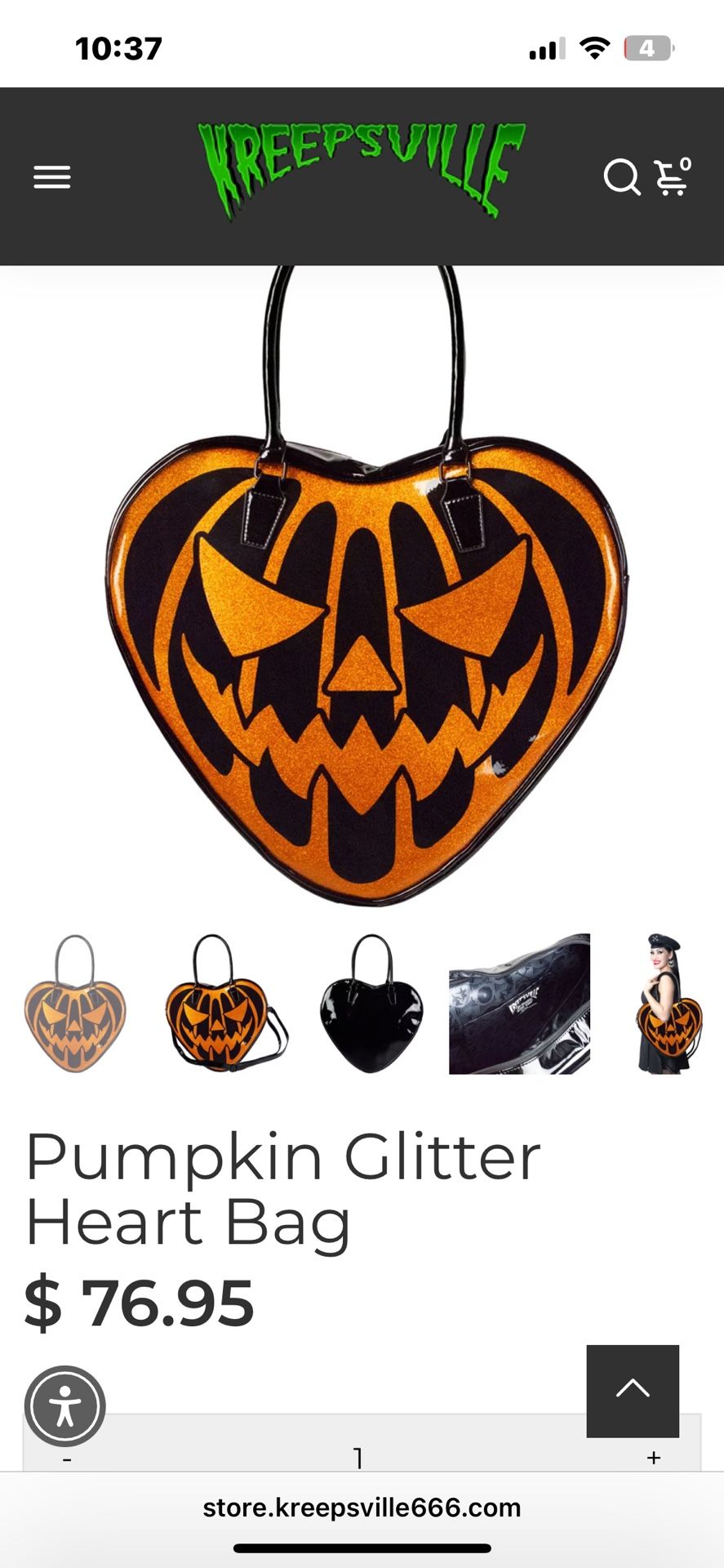 Kreepsville Pumpkin Glitter Heart Bag 