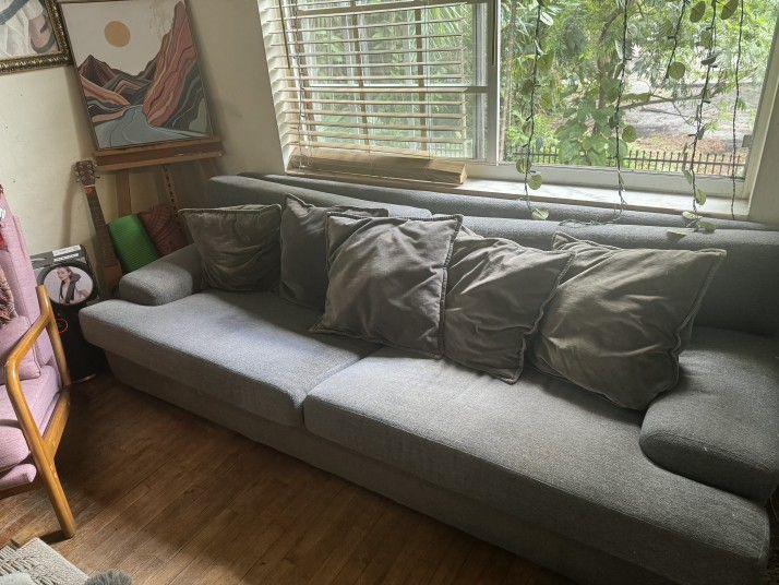 Gray Couch with 5 gray pillows