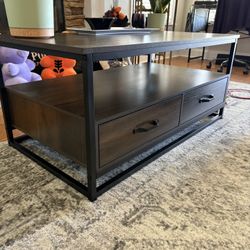 Industrial Coffee Table with Storage Drawers – Dark Brown